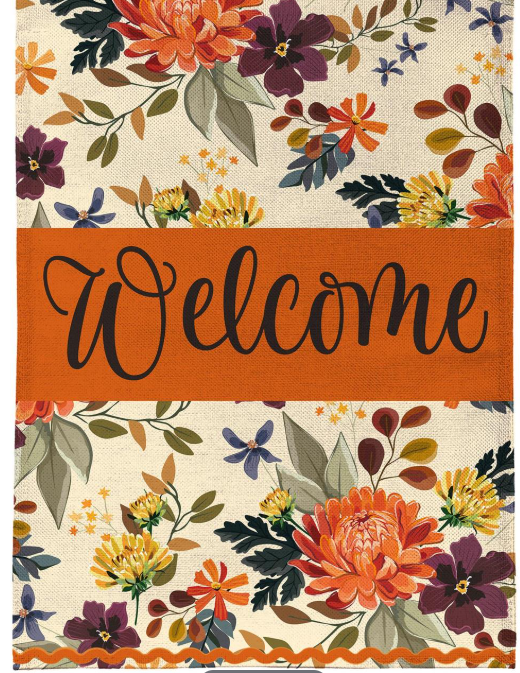 Fall Floral Welcome Burlap Flag Garden