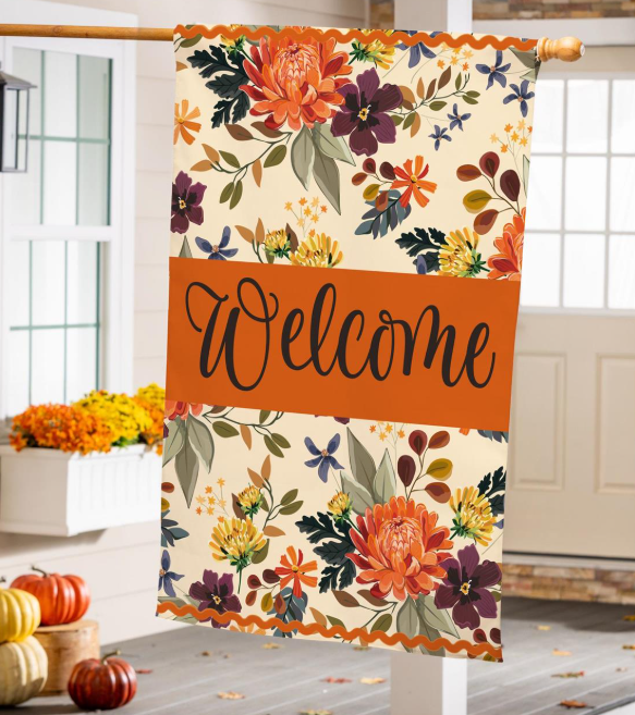 Fall Floral Welcome Burlap House Flag