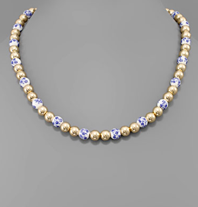 Blue Botanic and Gold Beaded Necklace