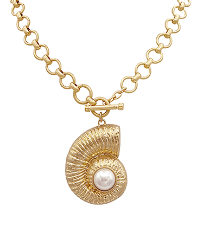 Gold Toggle Necklace with Pearl Shell Pendant