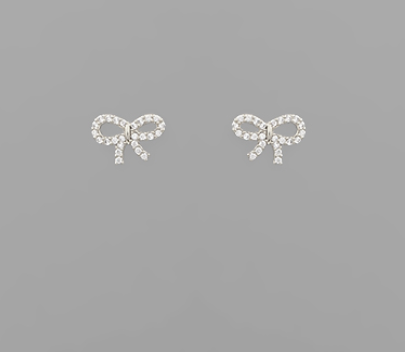 Silver and Rhinestone Bow Stud Earrings