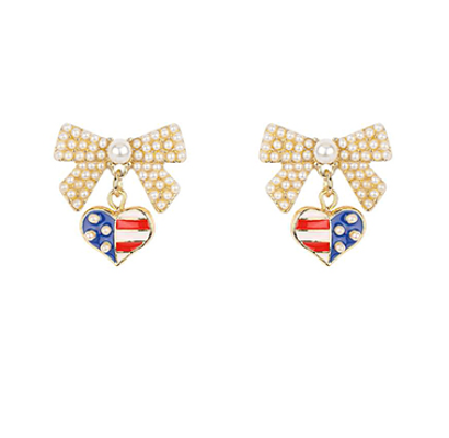 Patriotic Pearl Bow & Heart Earrings