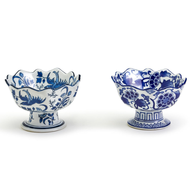 Blue and White Porcelain Scalloped Footed Bowl, Assorted Styles