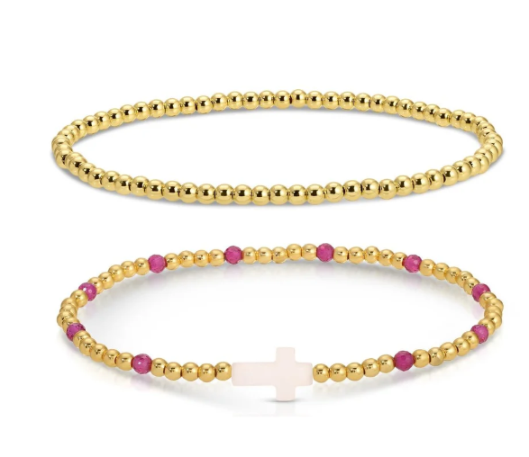 Set of 2 Gold Beaded Bracelets with Cross, Pink