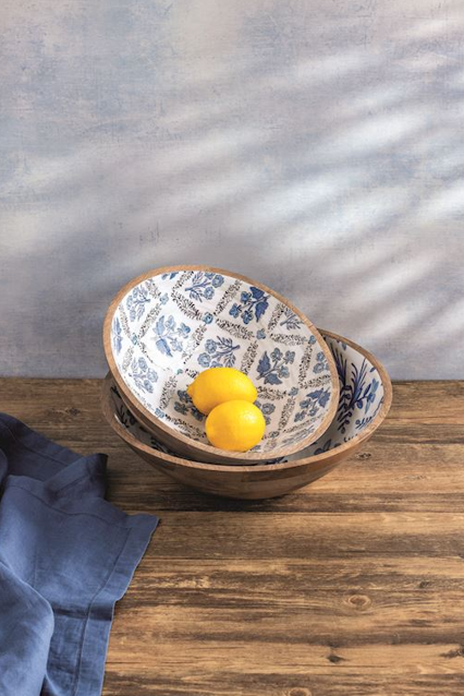 Large Blue Floral Wood Enamel Bowl