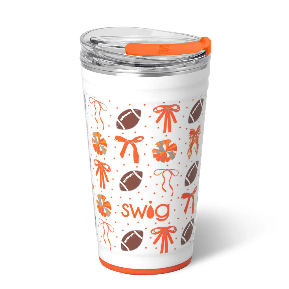 We've Got Spirit Orange travel Party Cup 24oz footballs and orange bows on white background