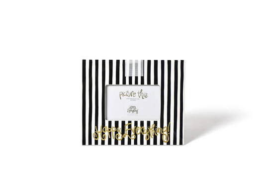 A rectangular black and white striped card with a white center label reading 'picture this' and gold foil 'Happy Easter!' text, shown on a white background.