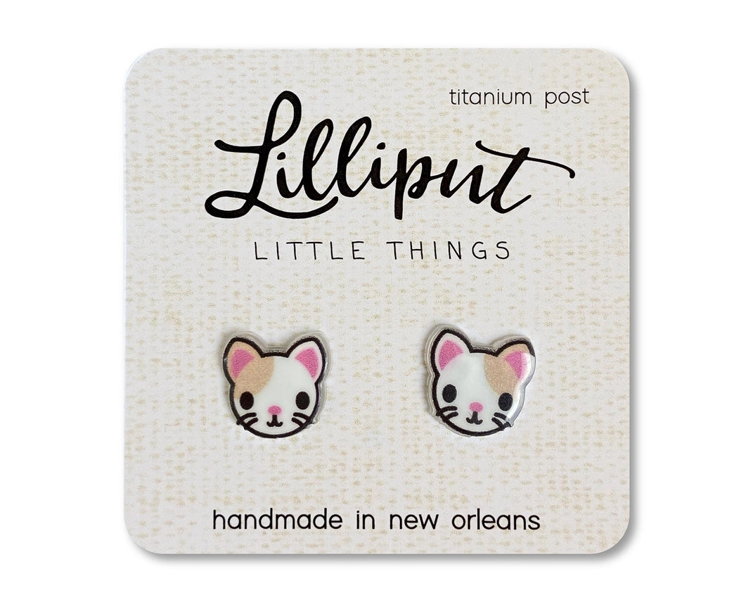 Kitty Cat Earrings, White w/ Brown Spot