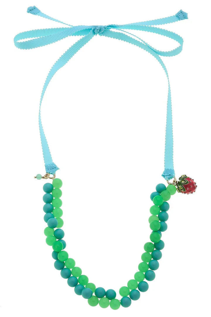 Melody Strawberry Beaded Ribbon Children's Necklace, Green/Aqua