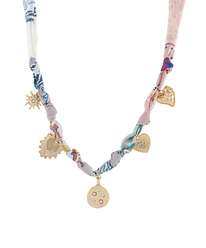 Disk & Multi Heart Charm Scarf Necklace, Blue