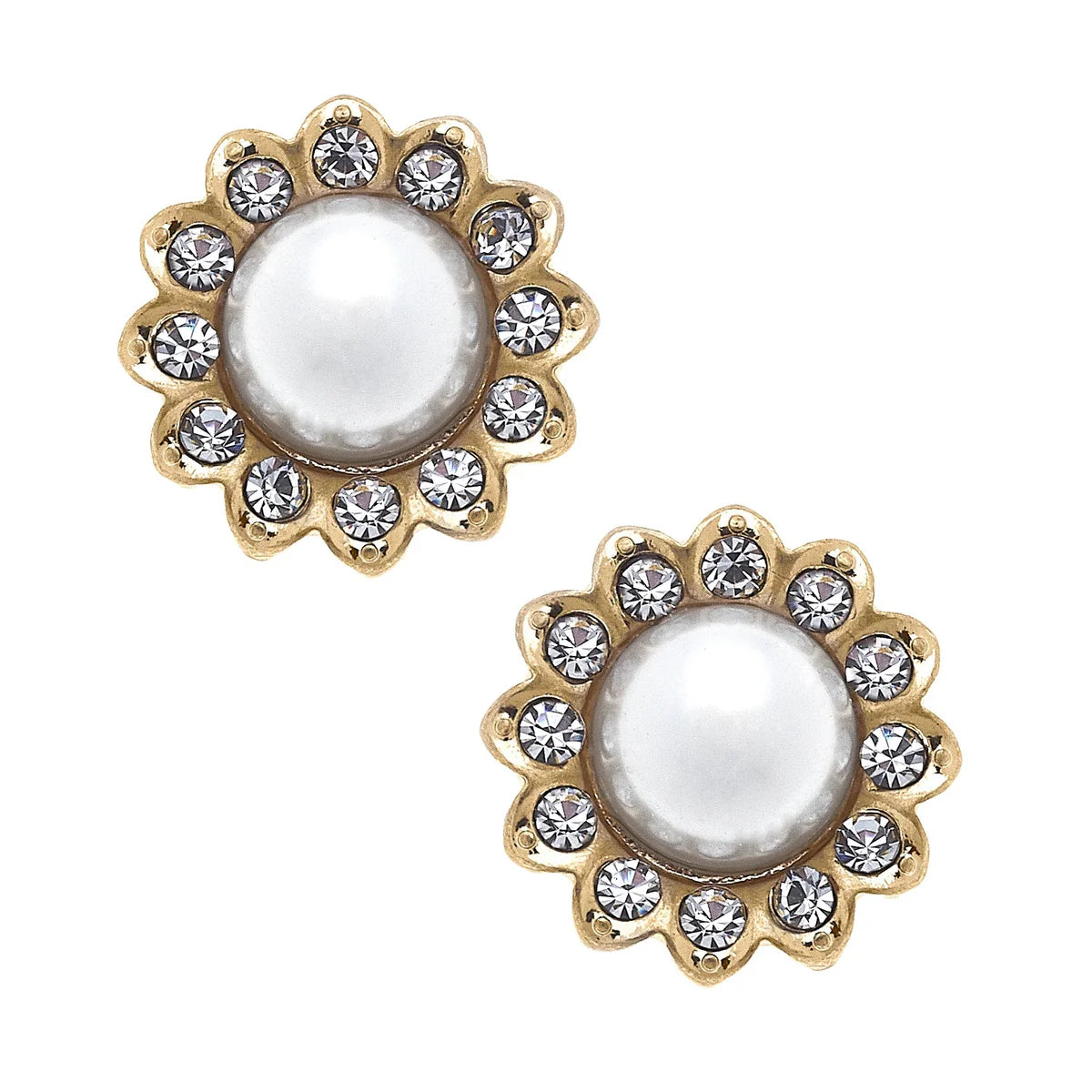 Walker Pearl and Pave Flower Stud Earrings in Ivory