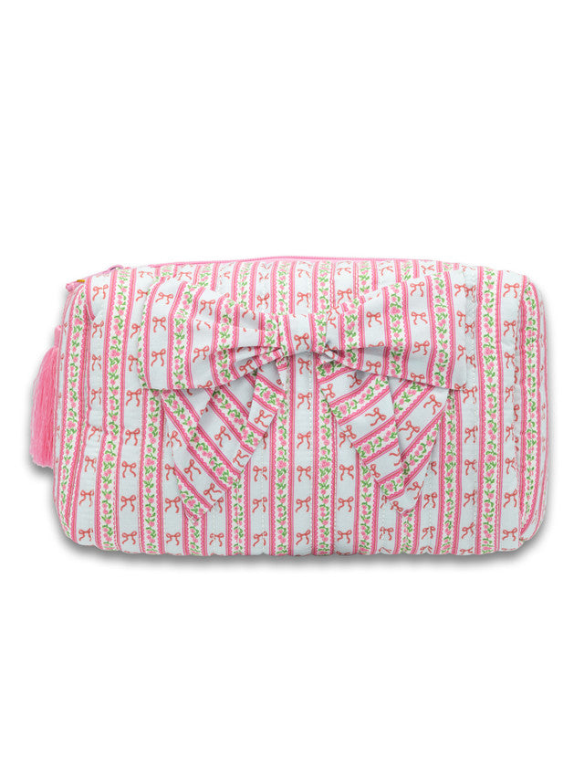 Quilted Cosmetic Bow Bag, Blush Stripe