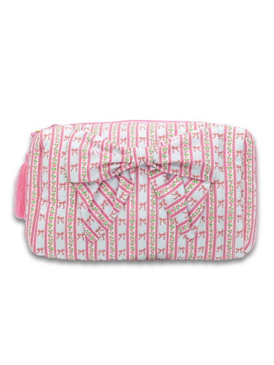 Quilted Cosmetic Bow Bag, Blush Stripe