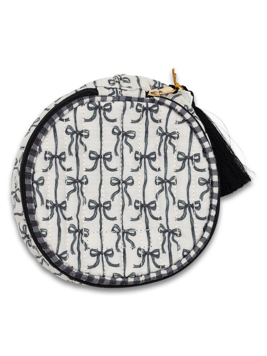 Quilted Round Tassel Bag, Black Bow