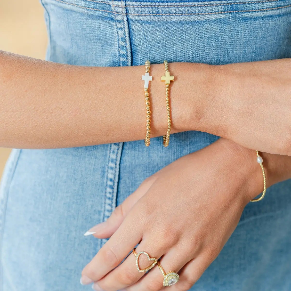 Gold Beaded Stretch Bracelet with Cross