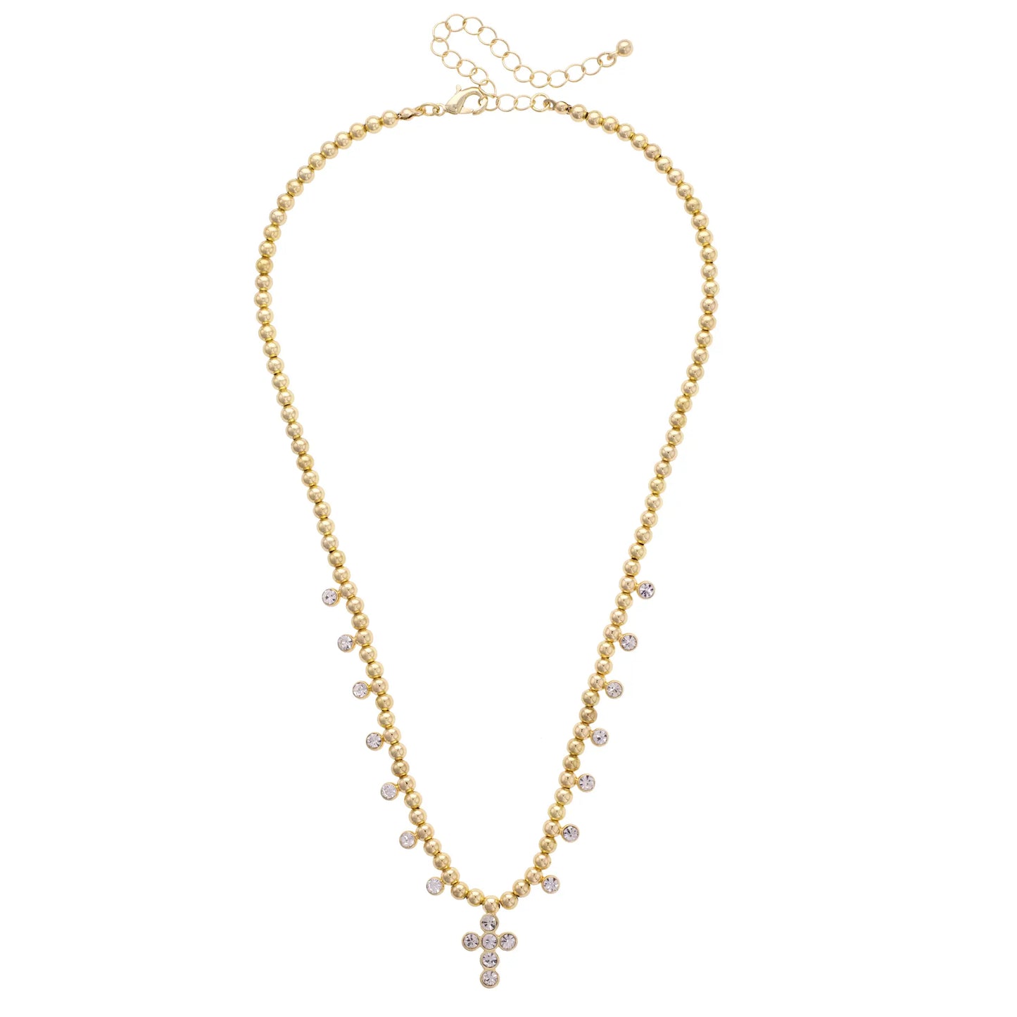 Elizabeth Pave Cross Ball Bead Necklace in Shiny Gold