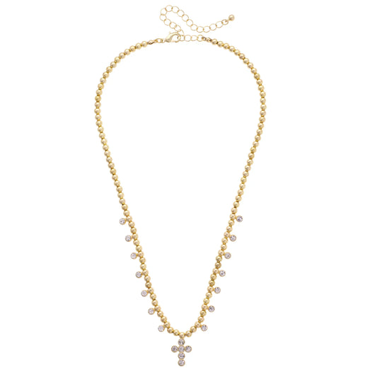 Elizabeth Pave Cross Ball Bead Necklace in Shiny Gold