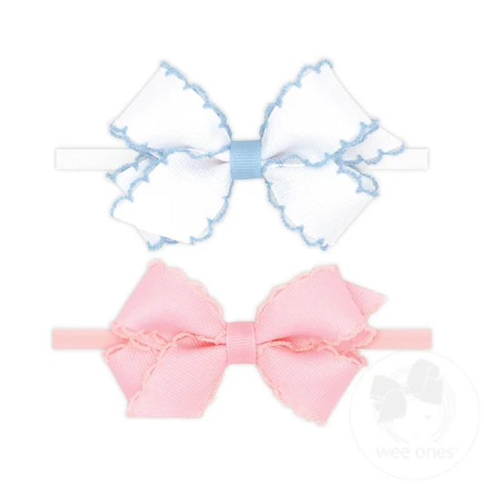 2 Mini Grosgrain Bows w/ Moonstitch Edge on Skinny Band, Blue & Pink