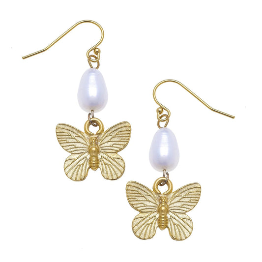 Gold Butterfly Freshwater Pearl Earrings