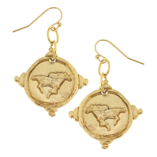 Gold Race Horse Intaglio Earrings