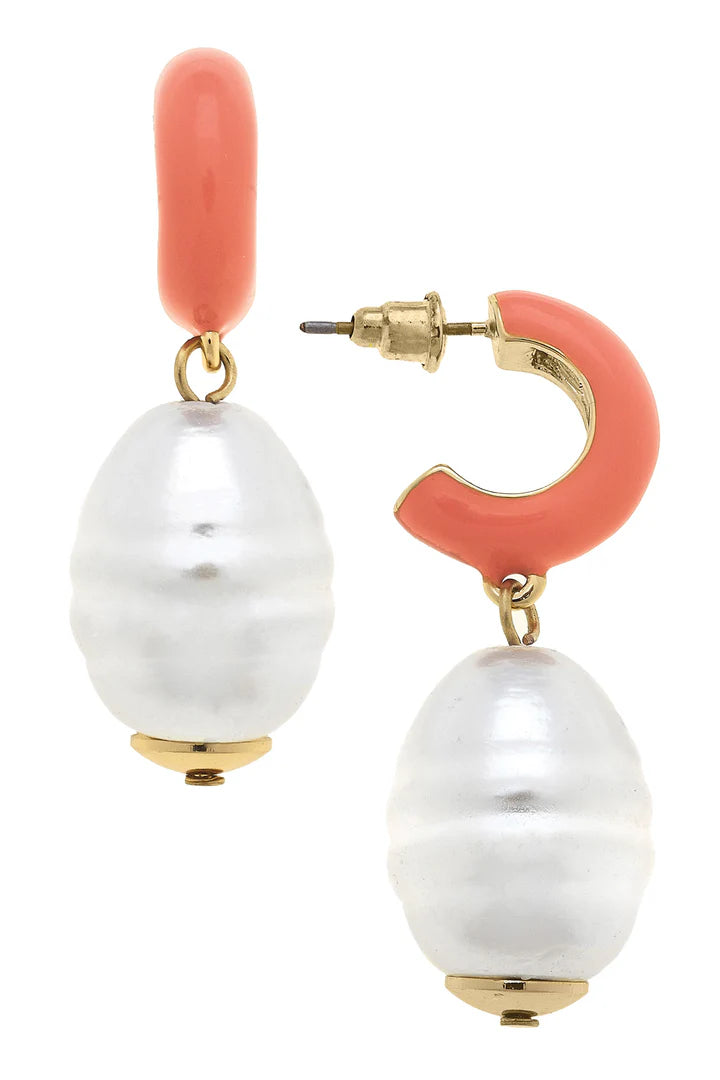 Rhea Pearl Huggie Hoop Earrings Coral