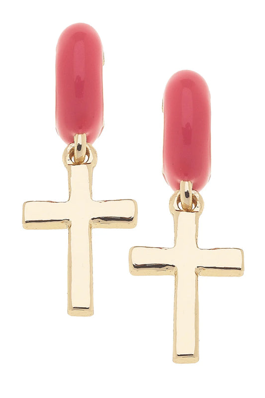 Ruth Cross Huggie Hoops Earrings Coral