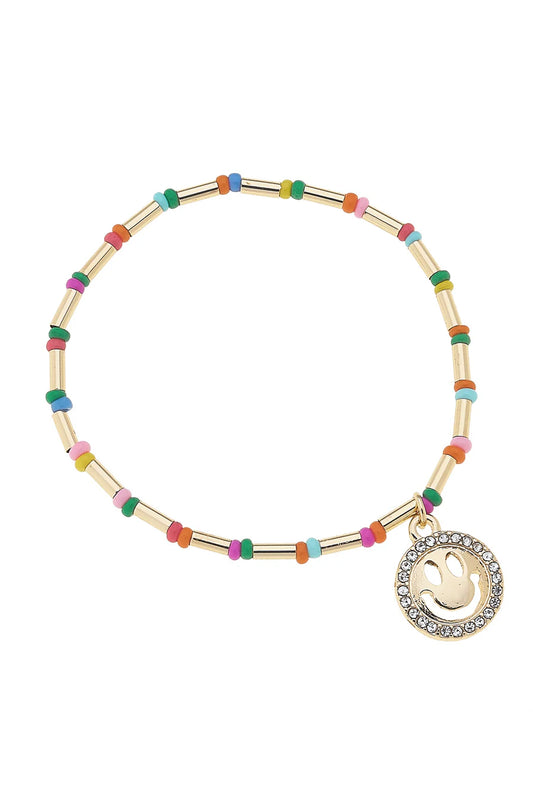 Izzy Rainbow Pave Smiley Face Children’s Stretch Bracelet Shiny Gold