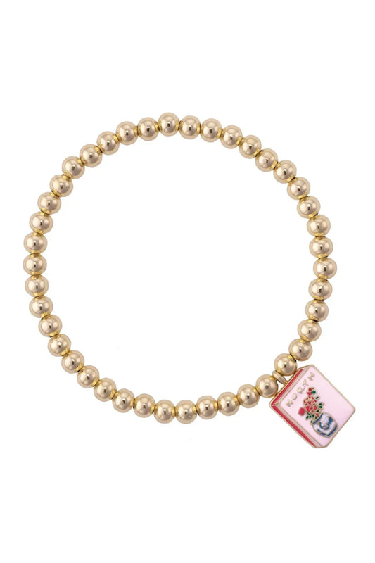 Mahjong Tile Ball Bead Stretch Bracelet Shiny Gold