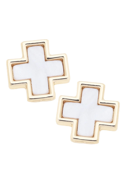 Eliana Square Cross Stud Earrings in Mother of Pearl