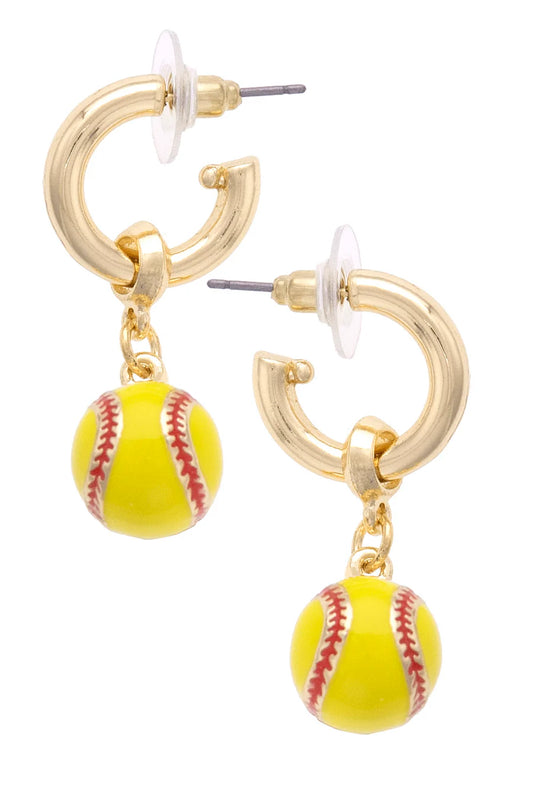 Softball Enamel Drop Hoop Earrings in Neon Yellow/Red