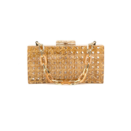 Basket Weave Acrylic Clutch, Khaki