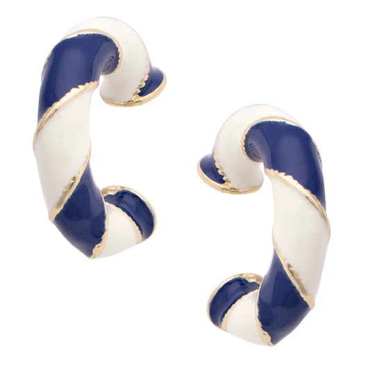 Sandy Striped Enamel Hoop Earrings in Navy