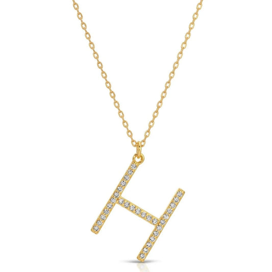 Large Gold Pave Initial Necklace, H