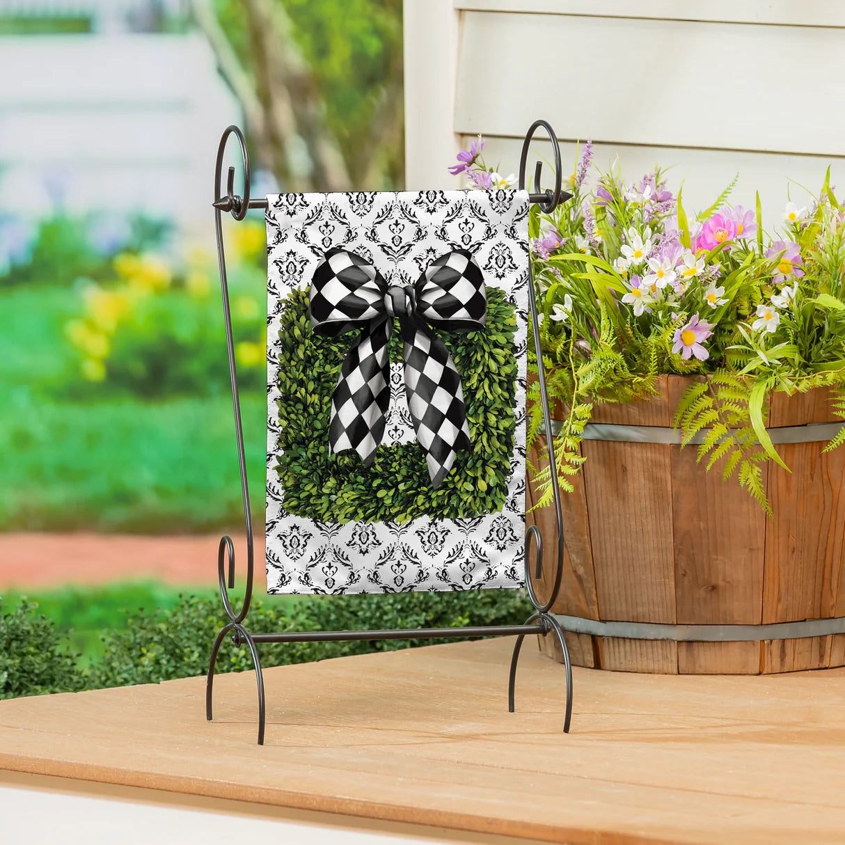 Black & White Bow Topiary Burlap Garden Flag
