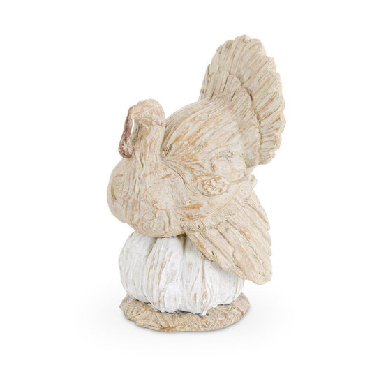 9.5 Inch Cream Resin Turkey on White Pumpkin