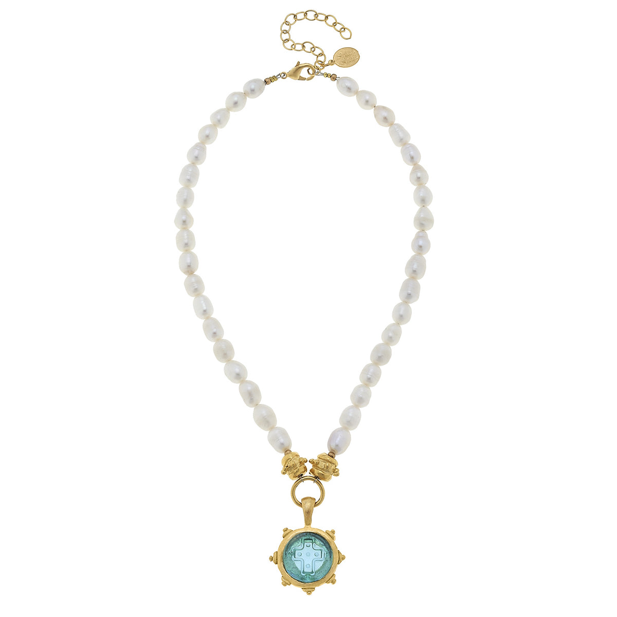 Freshwater Pearl Necklace w/ Venetian Glass Cross, Aqua