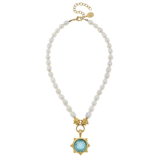 Freshwater Pearl Necklace w/ Venetian Glass Cross, Aqua
