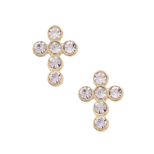 Elizabeth Pave Cross Stud Earrings in Shiny Gold