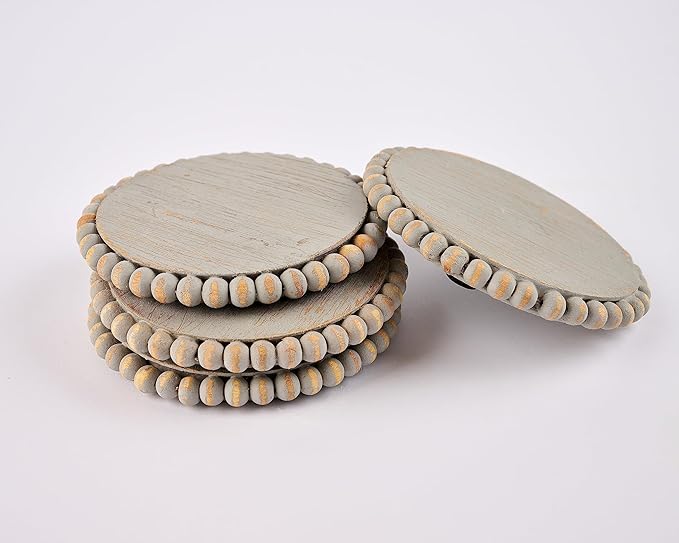 Gray Beaded Wood Coaster Set