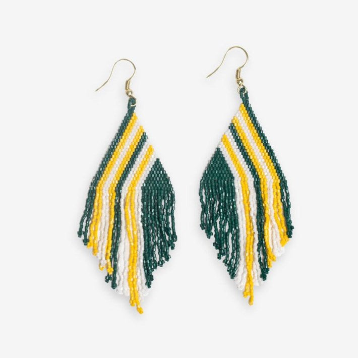 Haley Falling Lines Beaded Fringe Earrings Green and Yellow