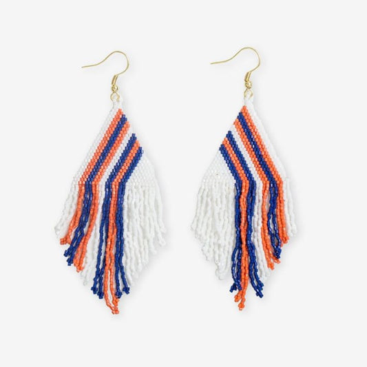 Haley Falling lines beaded fringe earrings navy and orange