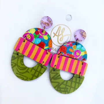Statement Earrings, Large Colorful Geometric - Mustard Olive