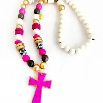 Cross Necklace, Pink Red Dot
