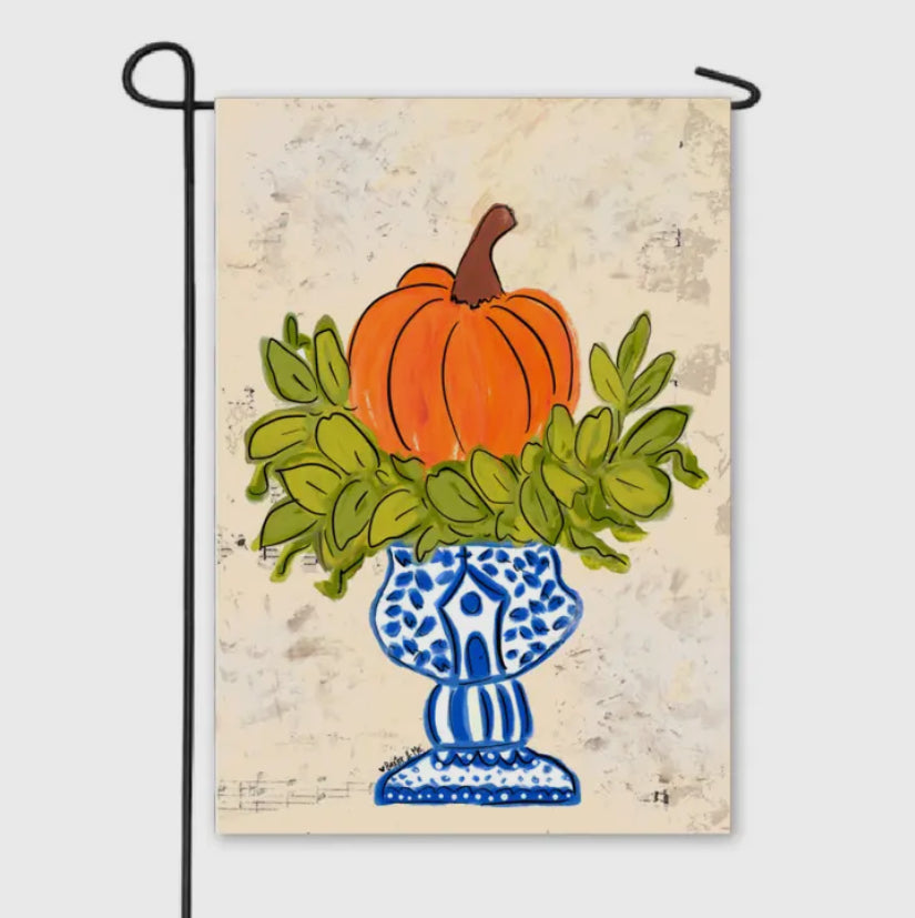 Garden Flag, Pumpkin in Blue Willow Planter