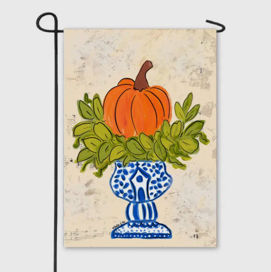 Garden Flag, Pumpkin in Blue Willow Planter