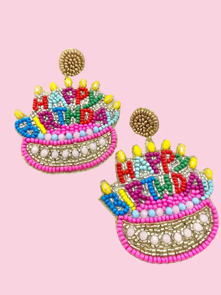 Happy Birthday Cake Beaded Earrings