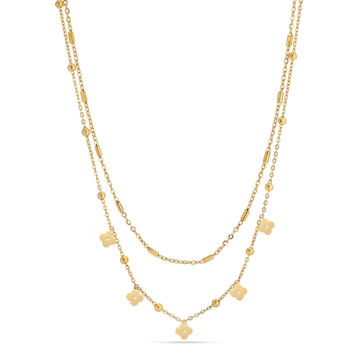 Gold Two Layer Necklace with Flowers