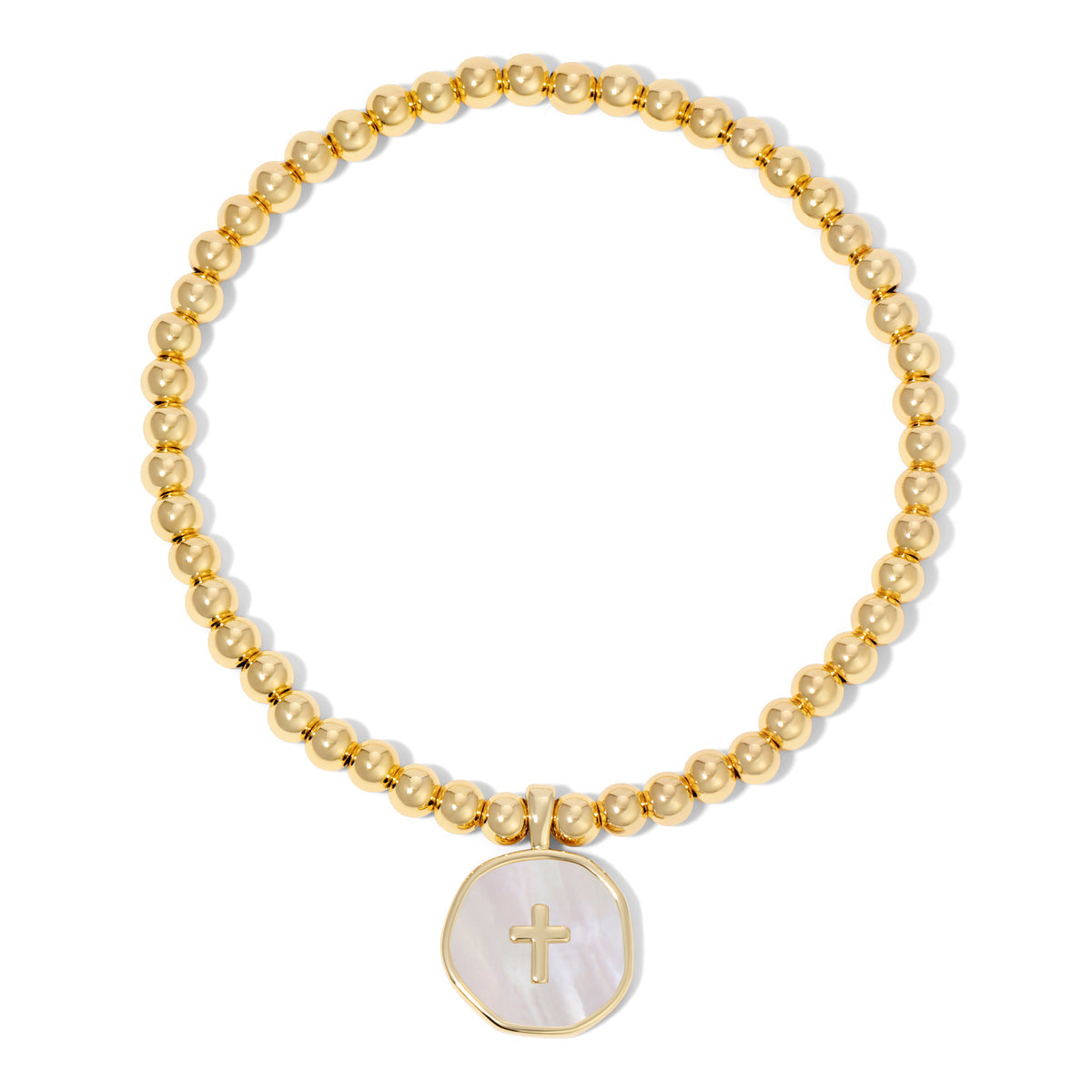 Gold Cross Accented Shell Charm Stretch Bracelet