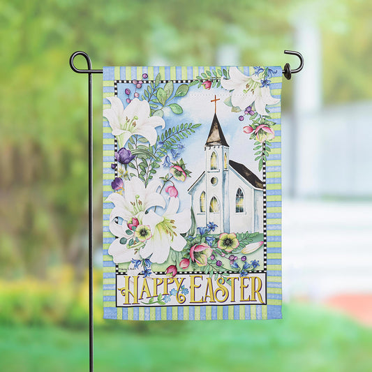 Easter Church with Flowers Garden Suede Flag