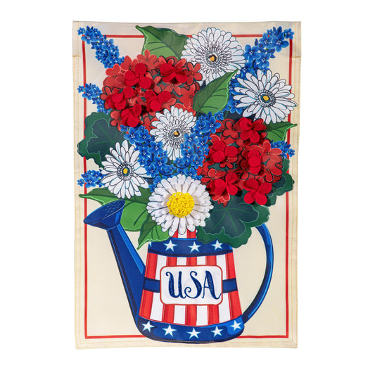 USA Floral Watering Can Applique House Flag